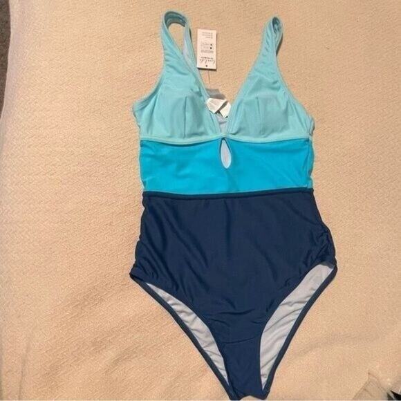One Piece Swimsuit Women’s Small Blue Colorblock Scoop Neck Tummy Control - Picture 2 of 9